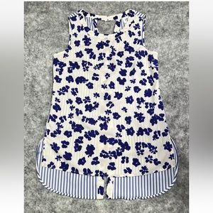 Cabi High Low Tank Shirt Women's S Blue & White Floral Striped Hem Cut Out